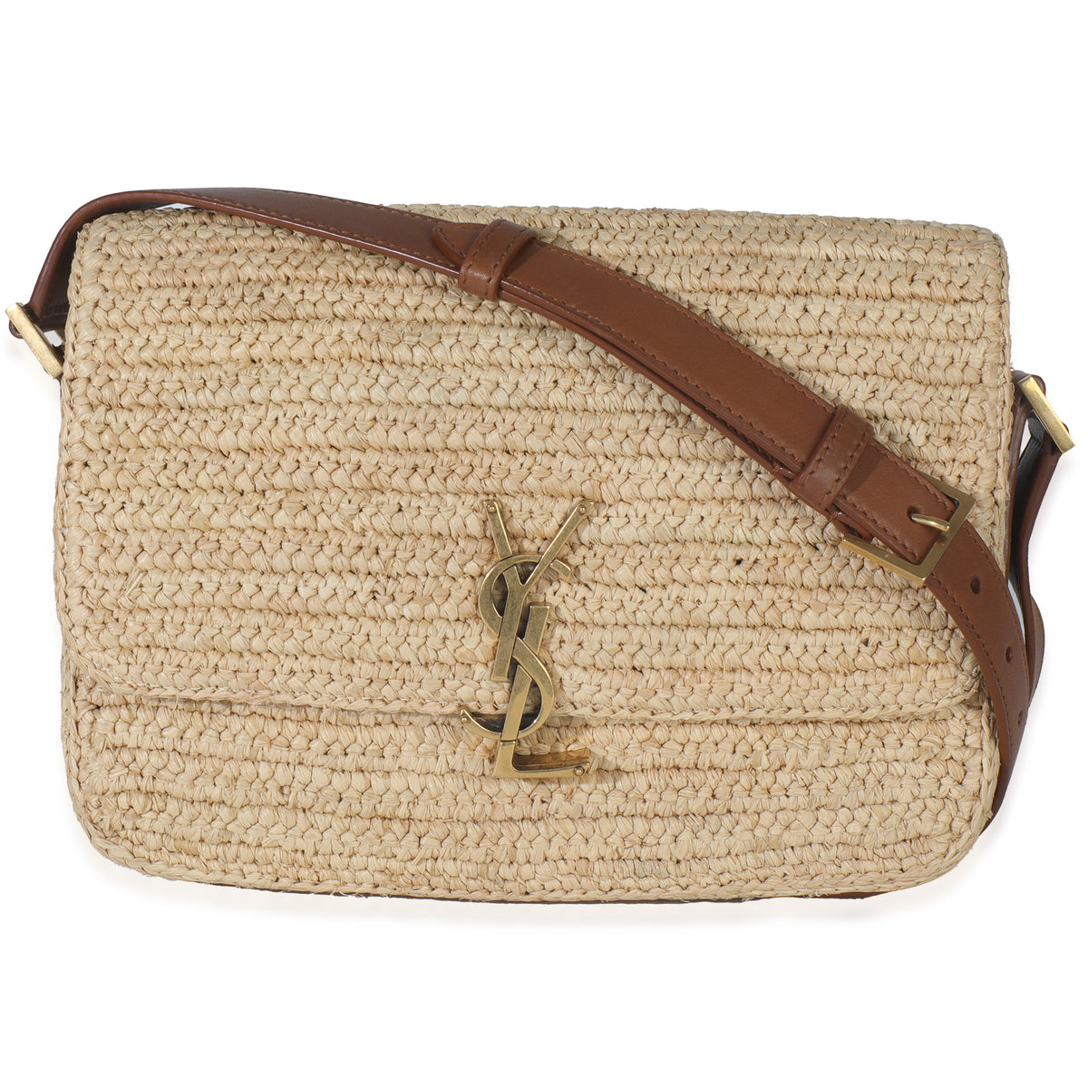 Beige Raffia Tan Calfskin Medium Monogram Solferino Satchel