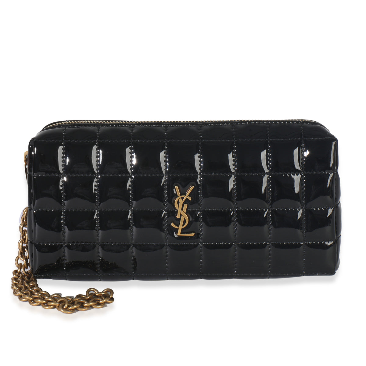 Black Matelasse Patent Cassandre Carre Pouch On Chain