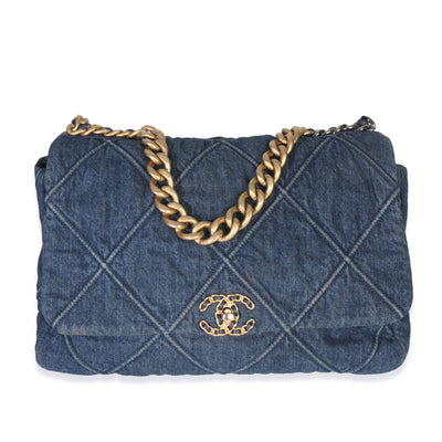 Dark Blue Quilted Denim Maxi Chanel 19 Flap Bag
