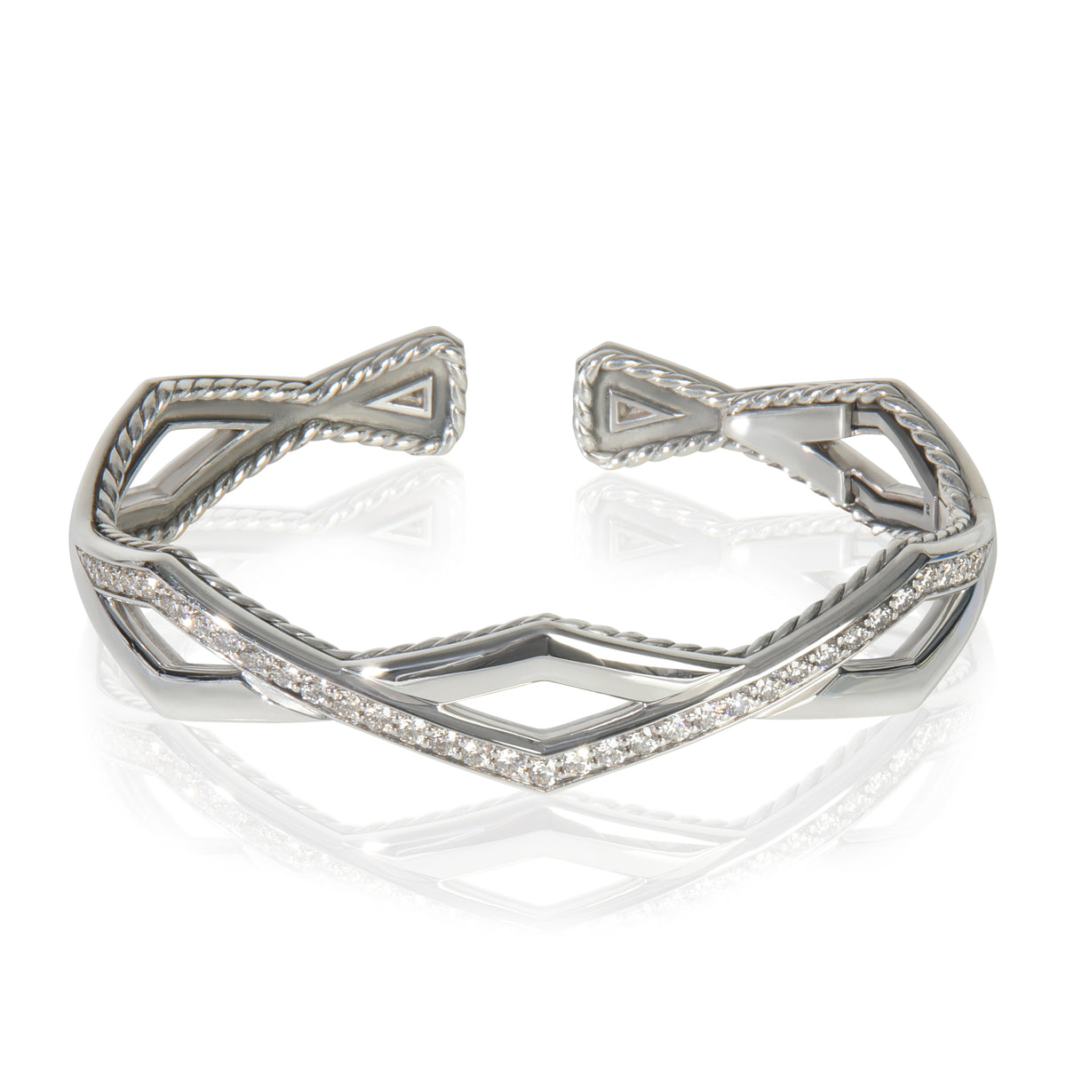 Sterling Silver Diamond Zig Zag Stax Two Row Cuff Bracelet