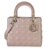 Christian Dior Taupe Lambskin Cannage Medium Lady Dior Handbag fv