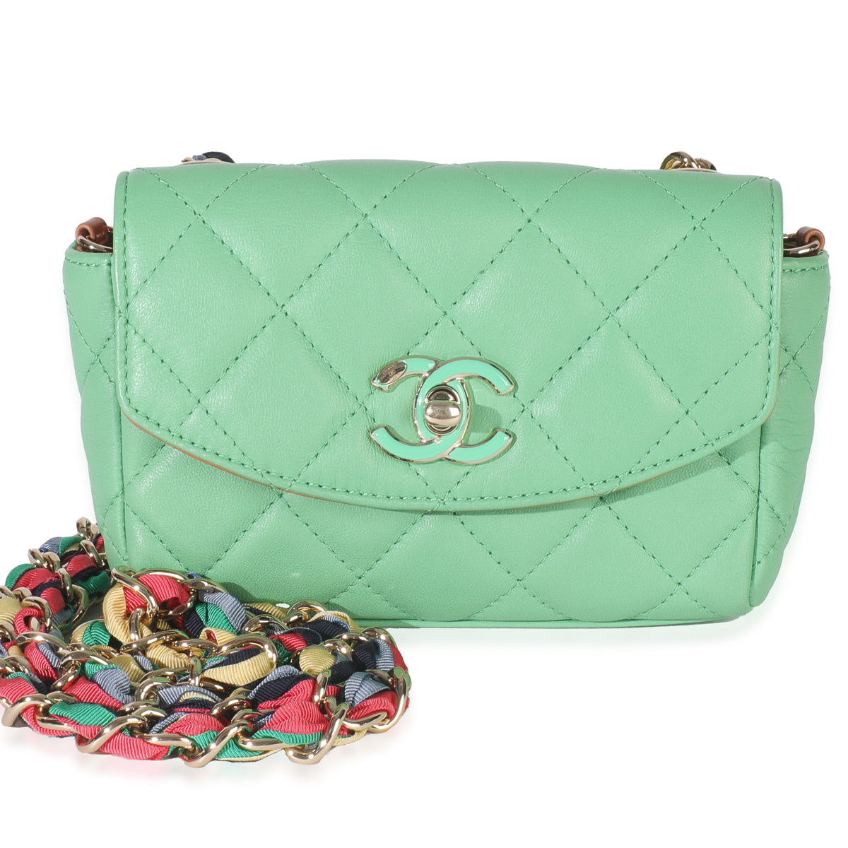 Green Quilted Lambskin Ribbon Chain Mini Flap Bag
