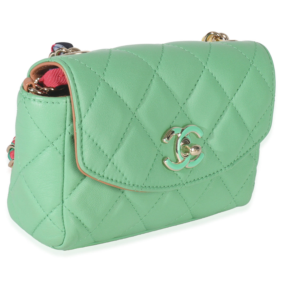 Green Quilted Lambskin Ribbon Chain Mini Flap Bag