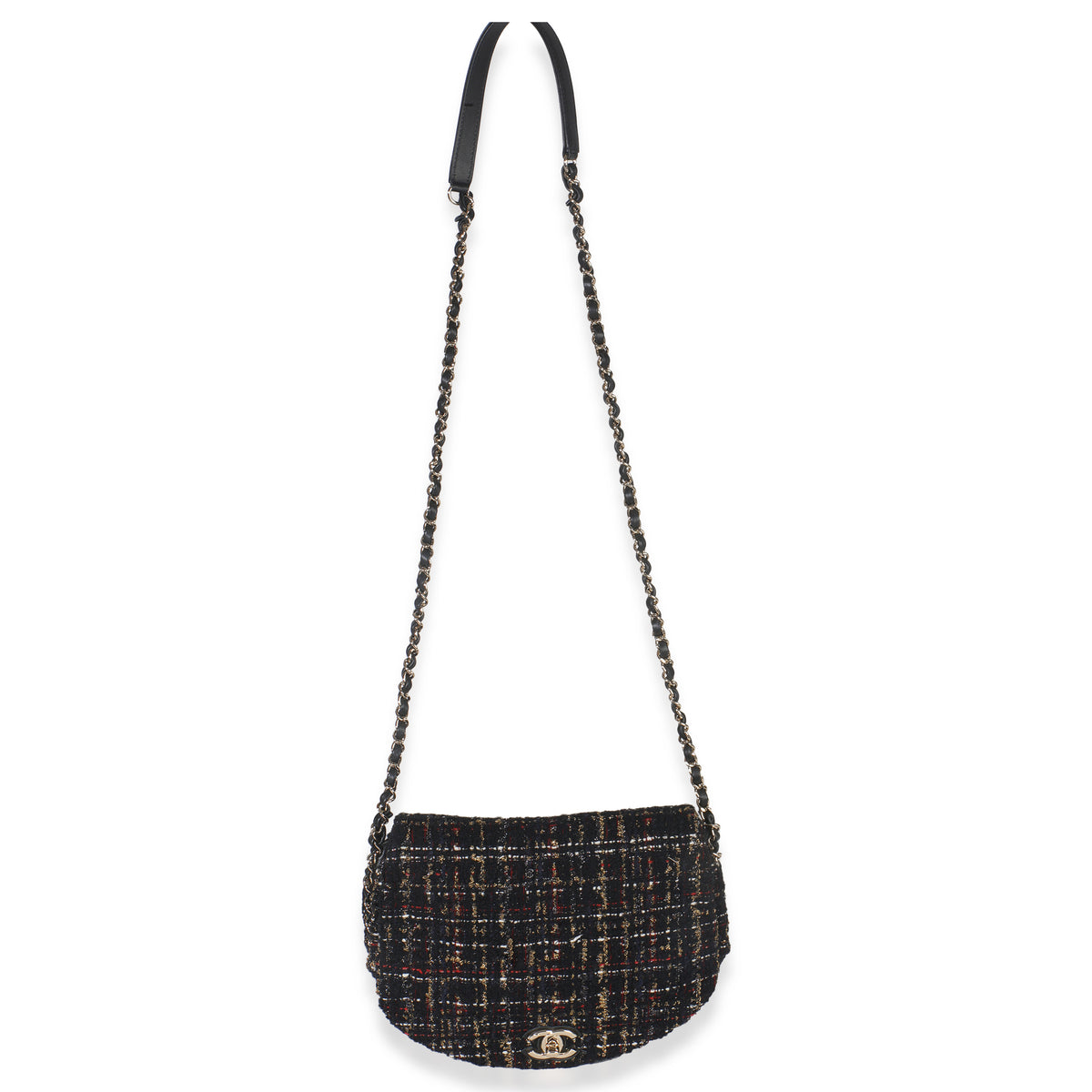 Gold Multicolor Tweed Small Chain Around Saddle Flap Bag