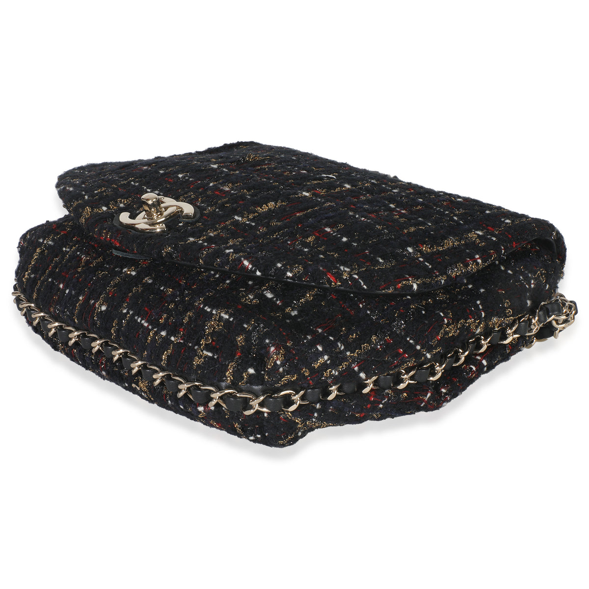 Gold Multicolor Tweed Small Chain Around Saddle Flap Bag