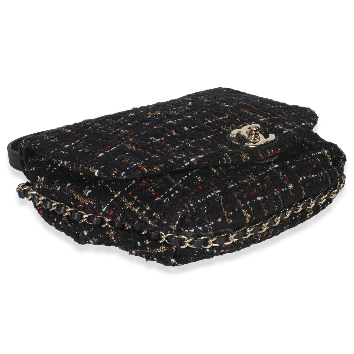 Gold Multicolor Tweed Small Chain Around Saddle Flap Bag