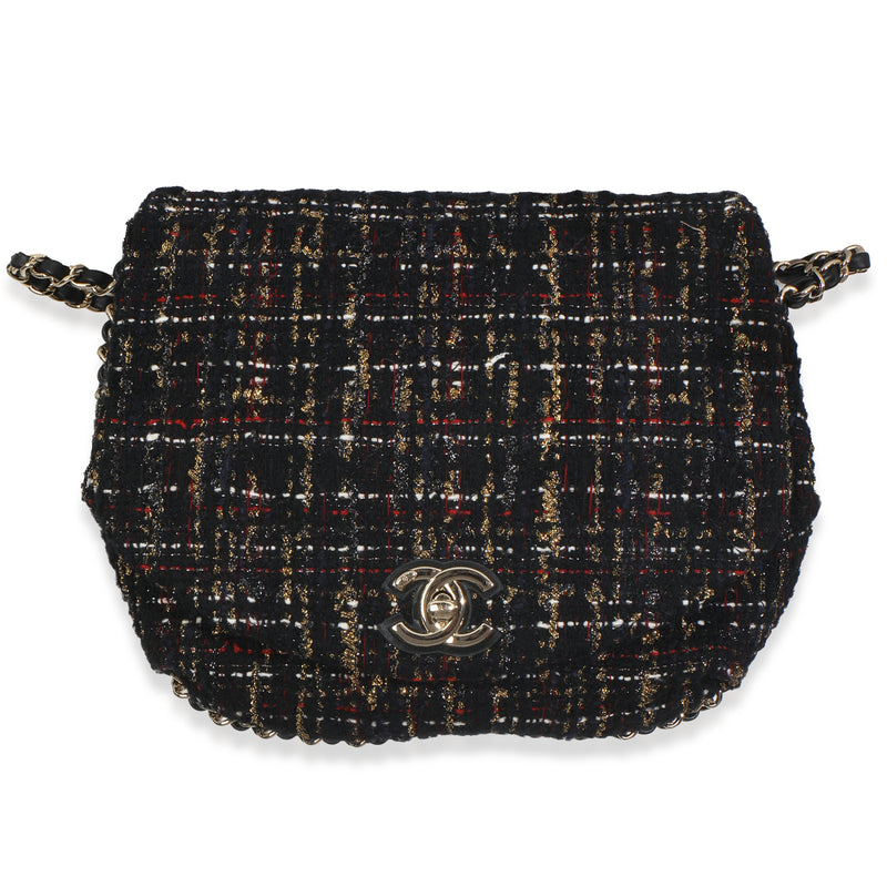 Gold Multicolor Tweed Small Chain Around Saddle Flap Bag