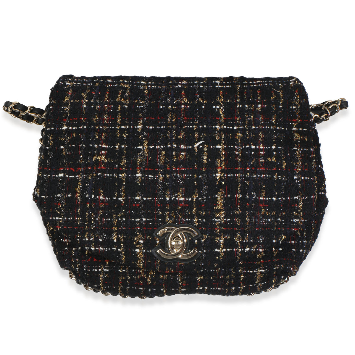 Gold Multicolor Tweed Small Chain Around Saddle Flap Bag