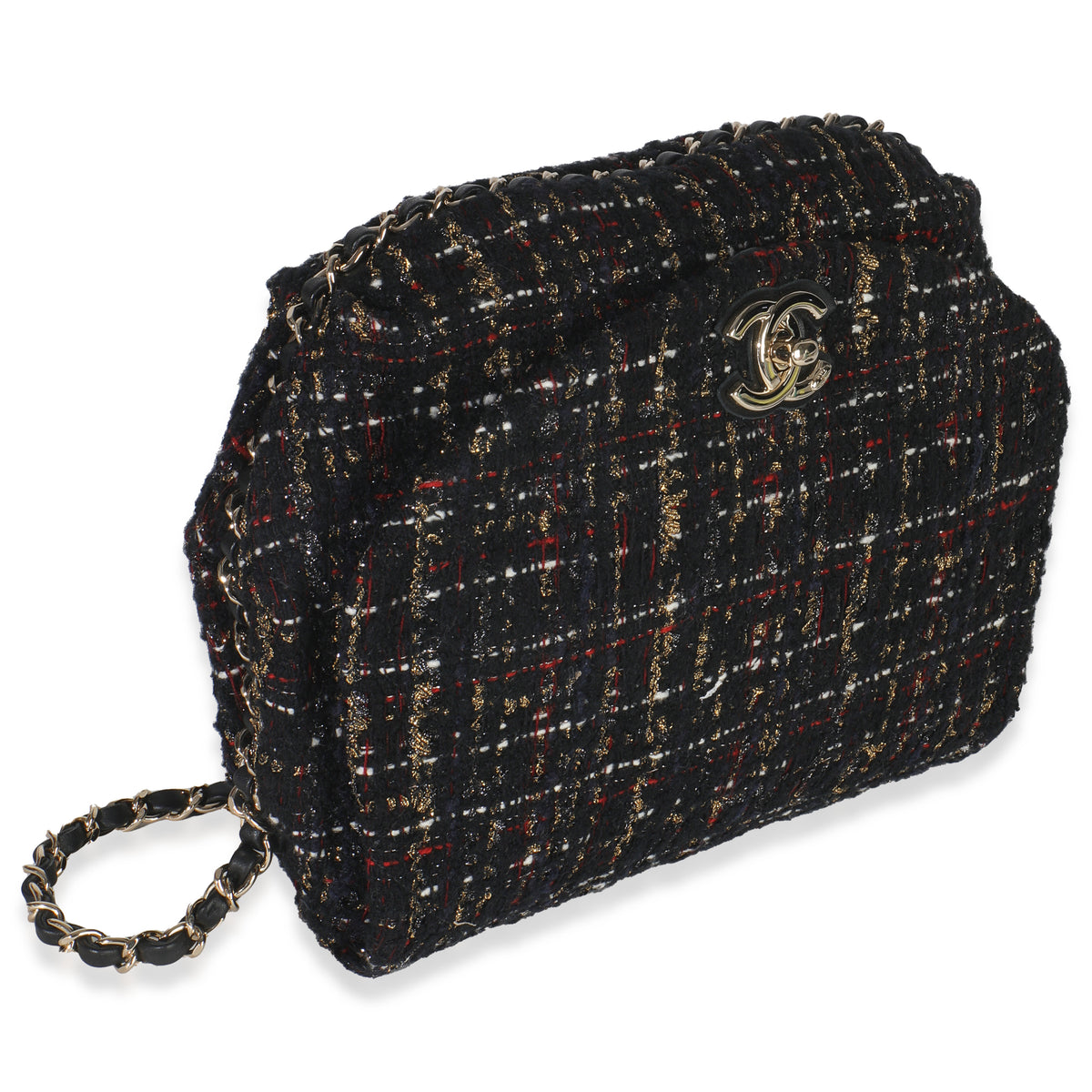 Gold Multicolor Tweed Small Chain Around Saddle Flap Bag