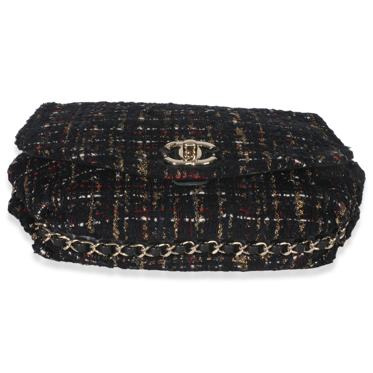 Gold Multicolor Tweed Small Chain Around Saddle Flap Bag