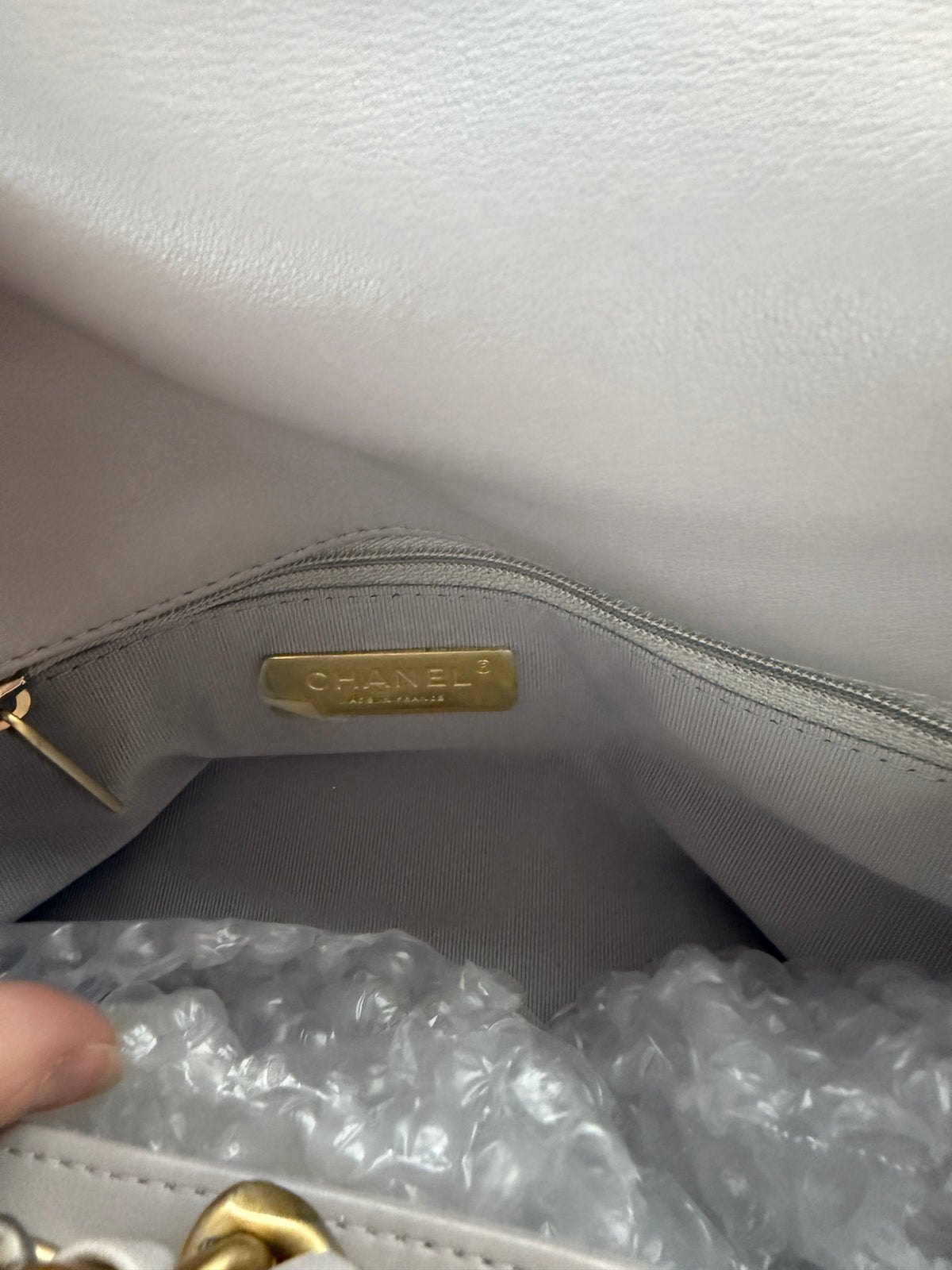 Grey Shiny Quilted Lambskin Large Chanel 19 Flap Bag