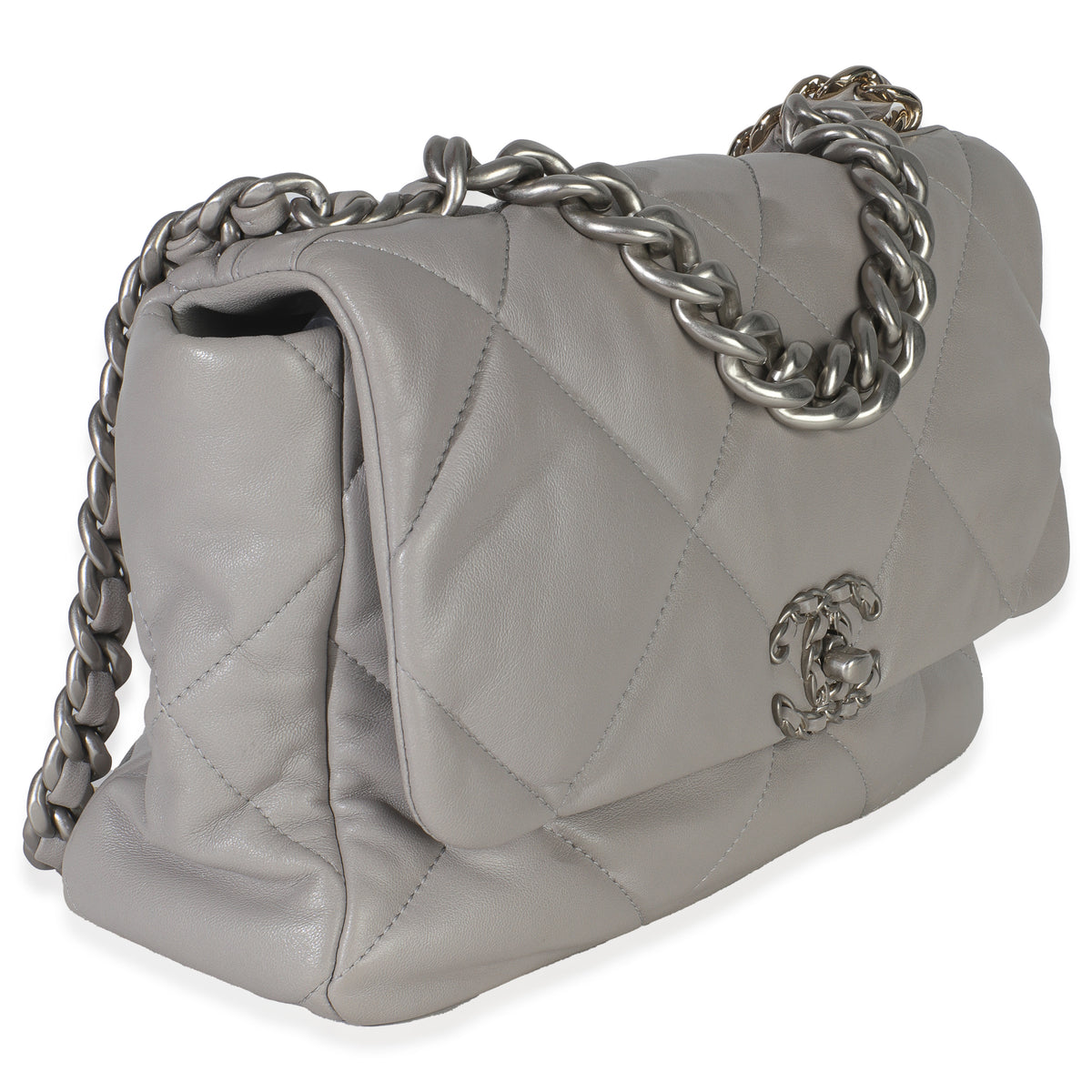 Grey Shiny Quilted Lambskin Large Chanel 19 Flap Bag