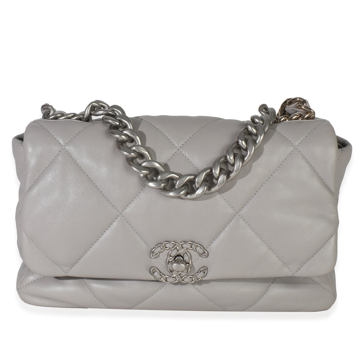 Grey Shiny Quilted Lambskin Large Chanel 19 Flap Bag