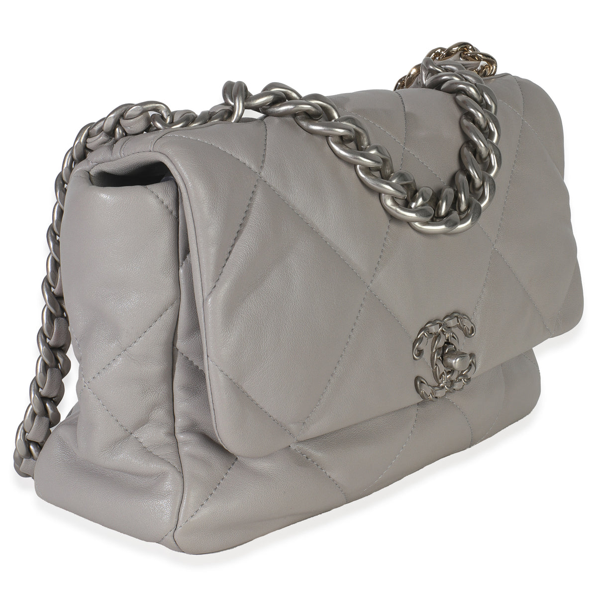 Grey Shiny Quilted Lambskin Large Chanel 19 Flap Bag