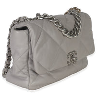 Grey Shiny Quilted Lambskin Large Chanel 19 Flap Bag