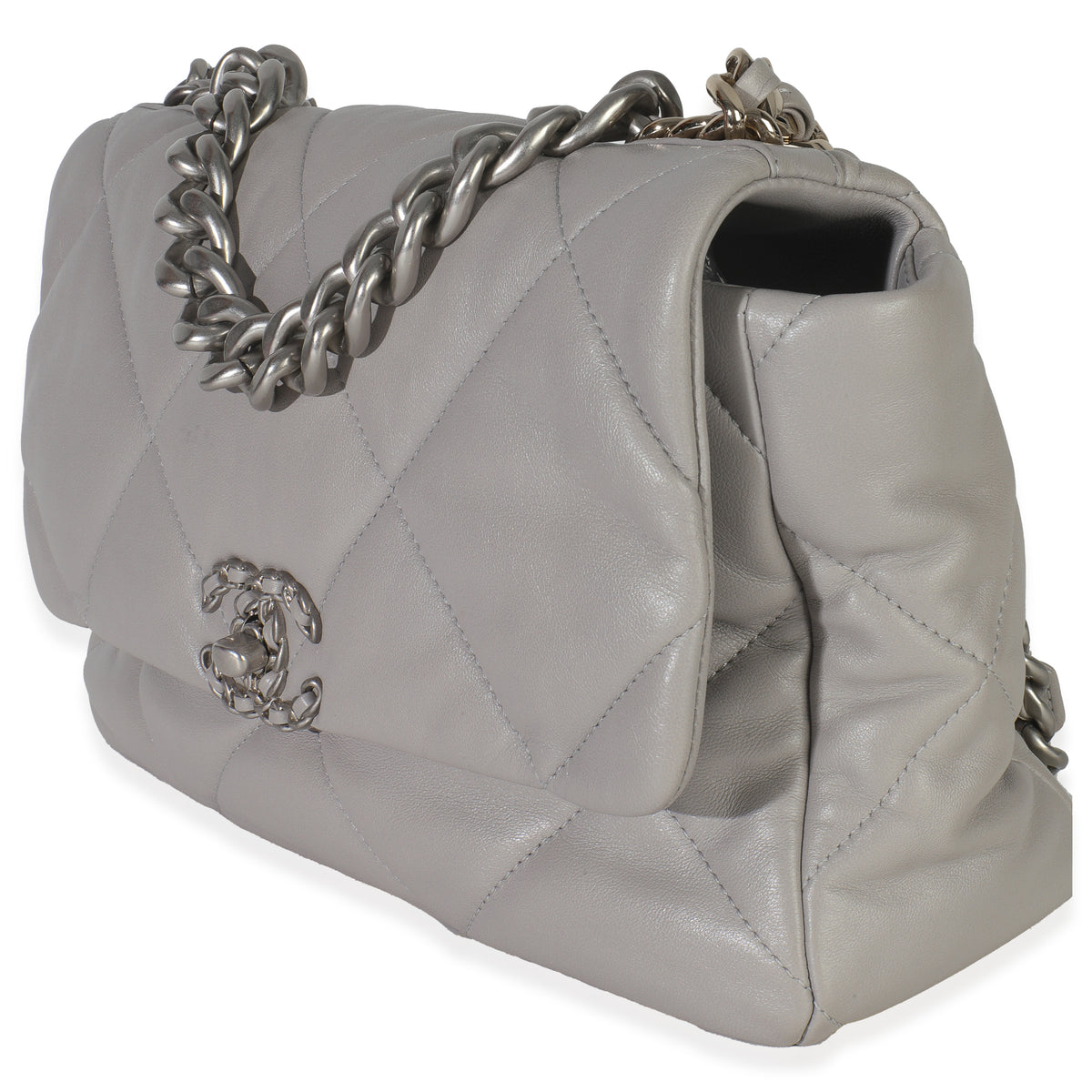 Grey Shiny Quilted Lambskin Large Chanel 19 Flap Bag