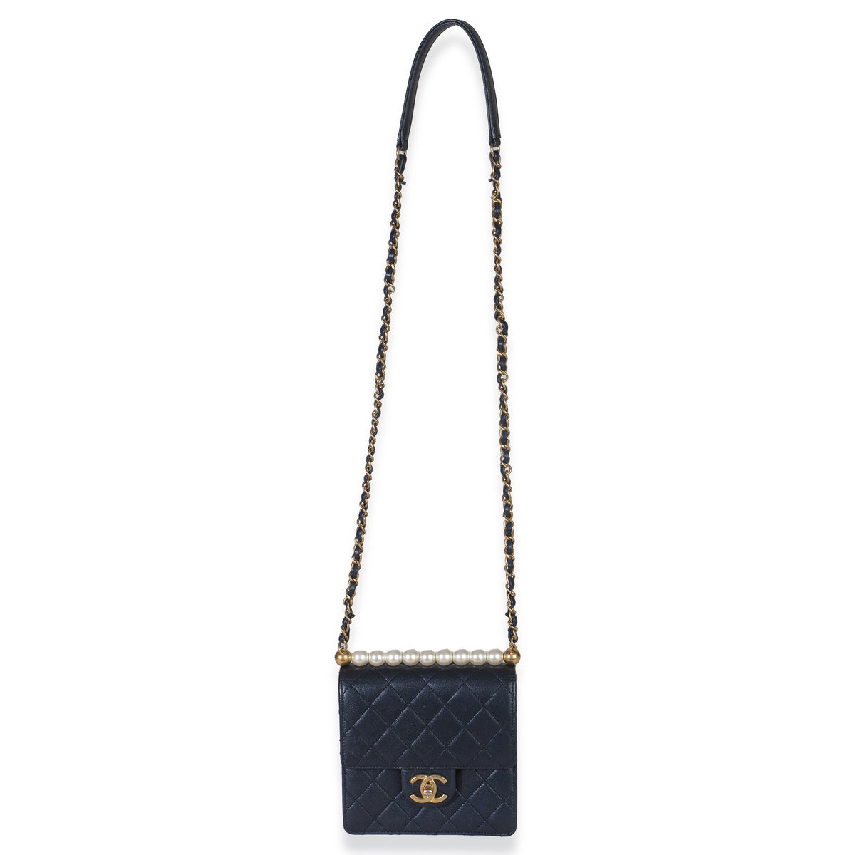 Navy Iridescent Quilted Goatskin Vertical Chic Pearls Flap Bag