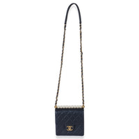 Navy Iridescent Quilted Goatskin Vertical Chic Pearls Flap Bag