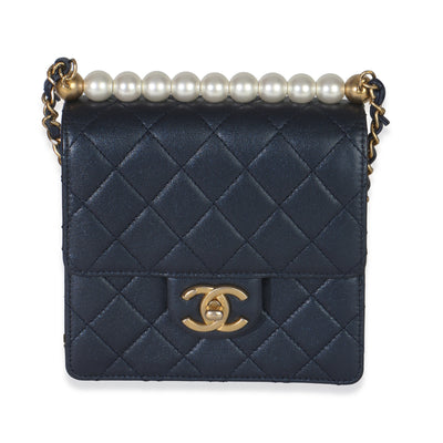 Navy Iridescent Quilted Goatskin Vertical Chic Pearls Flap Bag
