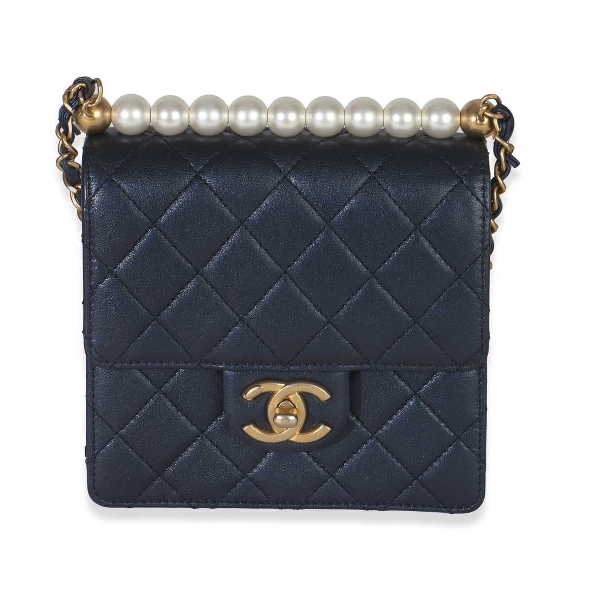 Navy Iridescent Quilted Goatskin Vertical Chic Pearls Flap Bag
