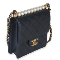 Navy Iridescent Quilted Goatskin Vertical Chic Pearls Flap Bag