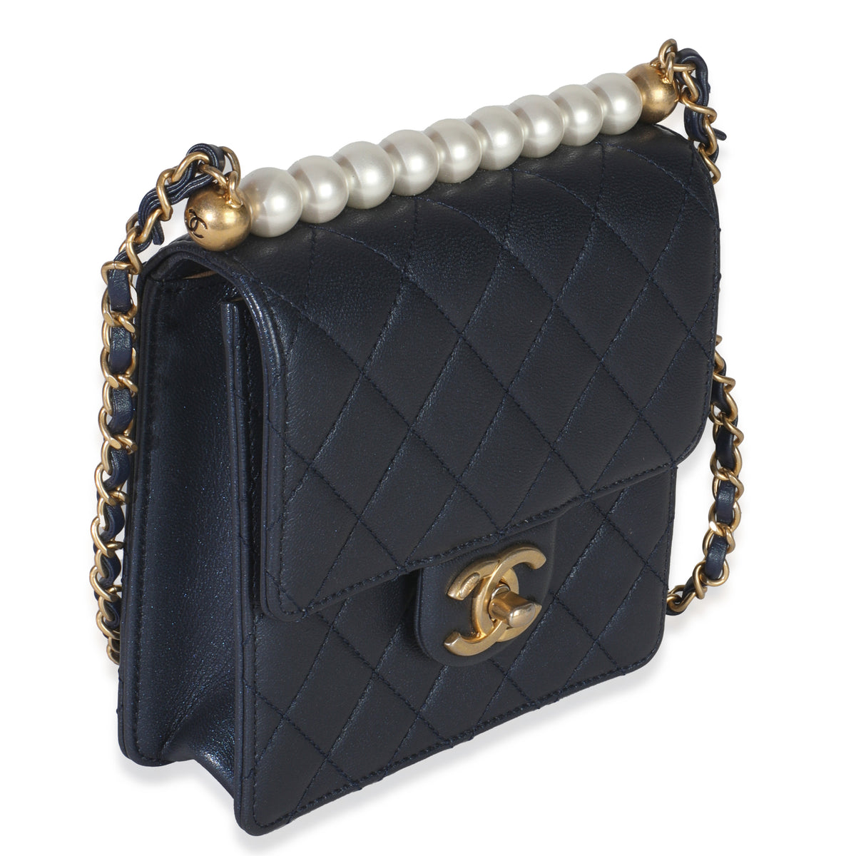 Navy Iridescent Quilted Goatskin Vertical Chic Pearls Flap Bag