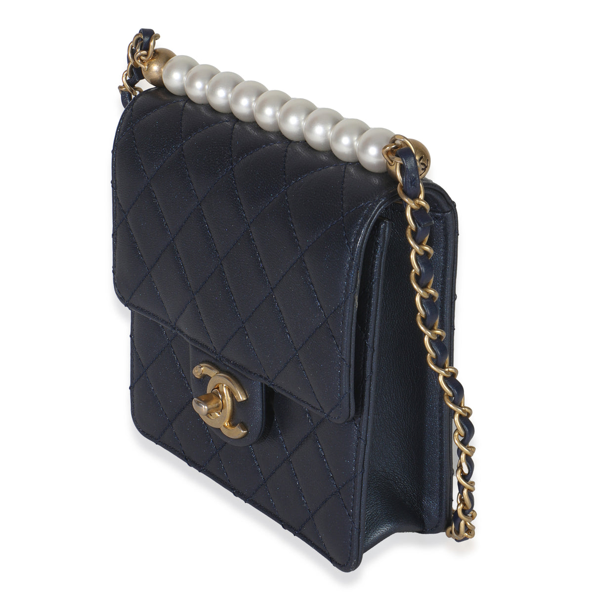 Navy Iridescent Quilted Goatskin Vertical Chic Pearls Flap Bag