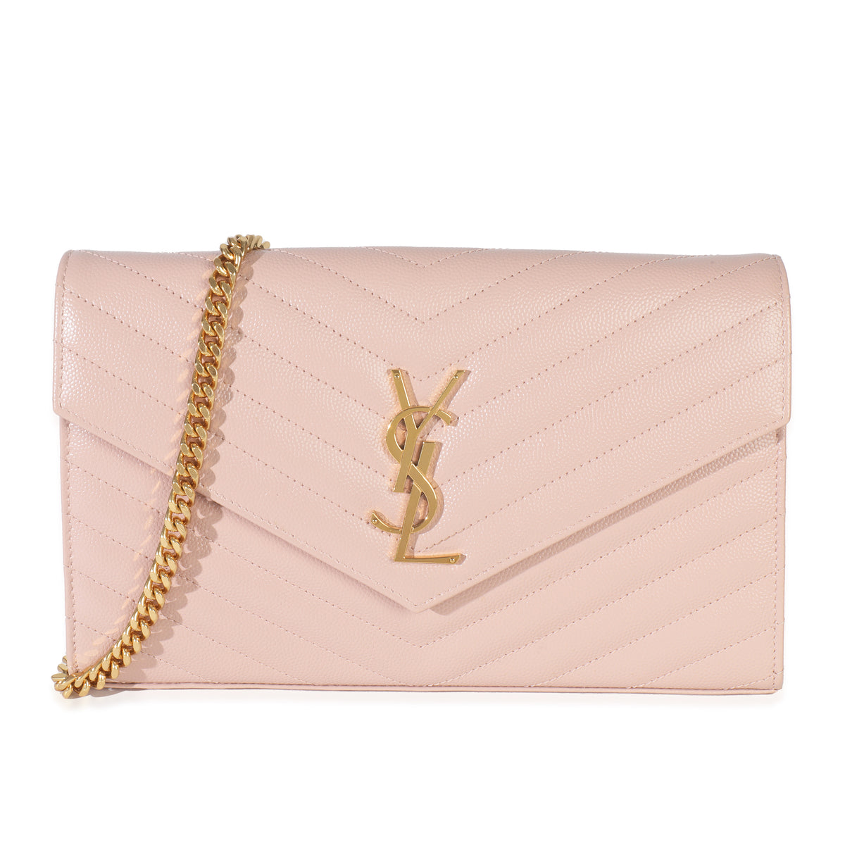 Pale Pink Grain De Poudre Matelasse Chevron Monogram Chain Wallet