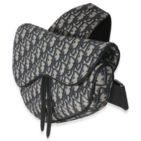 Beige Navy Jacquard Canvas Saddle Bag