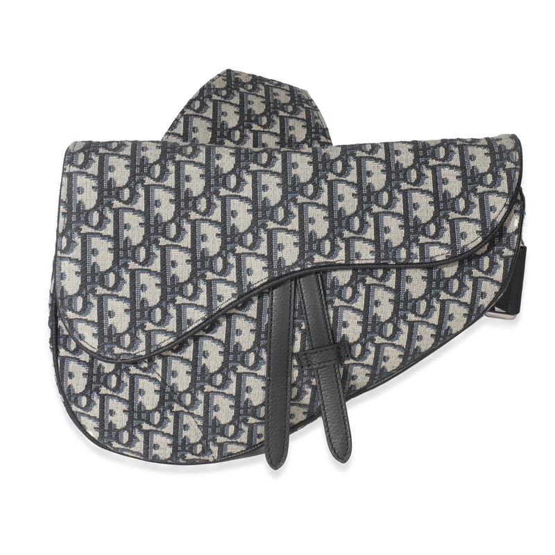 Beige Navy Jacquard Canvas Saddle Bag