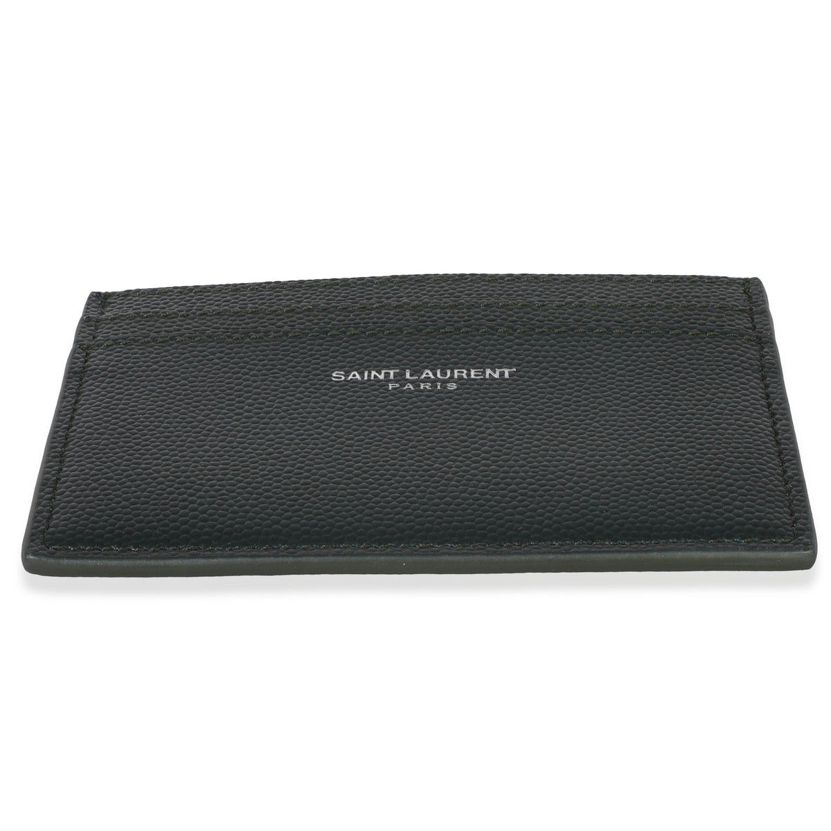 Saint Laurent Dark Khaki Grain De Poudre Credit Card Case Wallet stamp