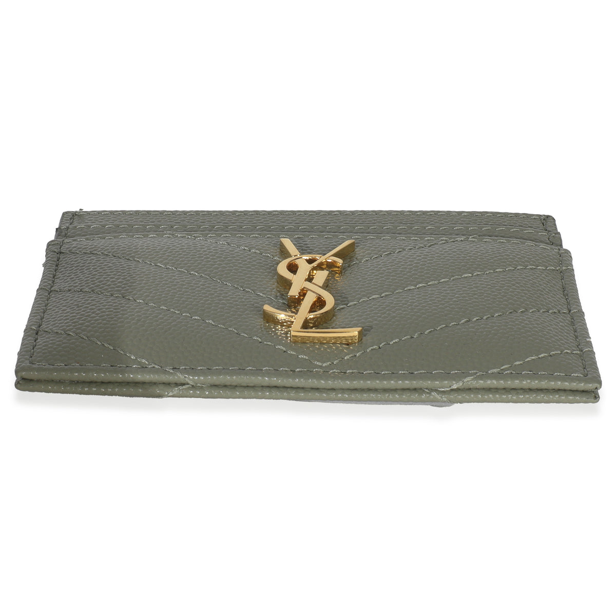 Saint Laurent Light Green Grain De Poudre Matelasse Cassandre Card Case Wallet stamp