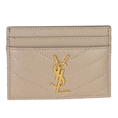 Saint Laurent Dark Beige Grain De Poudre Matelasse Cassandre Card Case Wallet fv