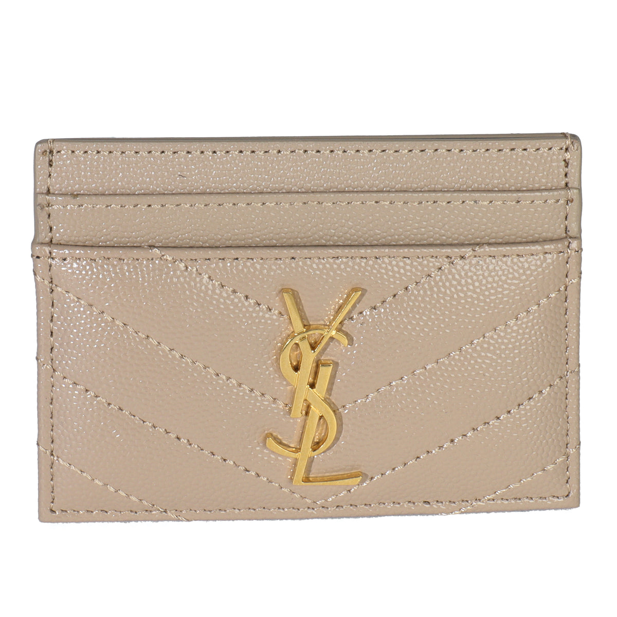 Saint Laurent Dark Beige Grain De Poudre Matelasse Cassandre Card Case Wallet fv
