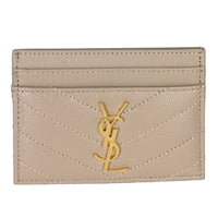 Saint Laurent Dark Beige Grain De Poudre Matelasse Cassandre Card Case Wallet fv