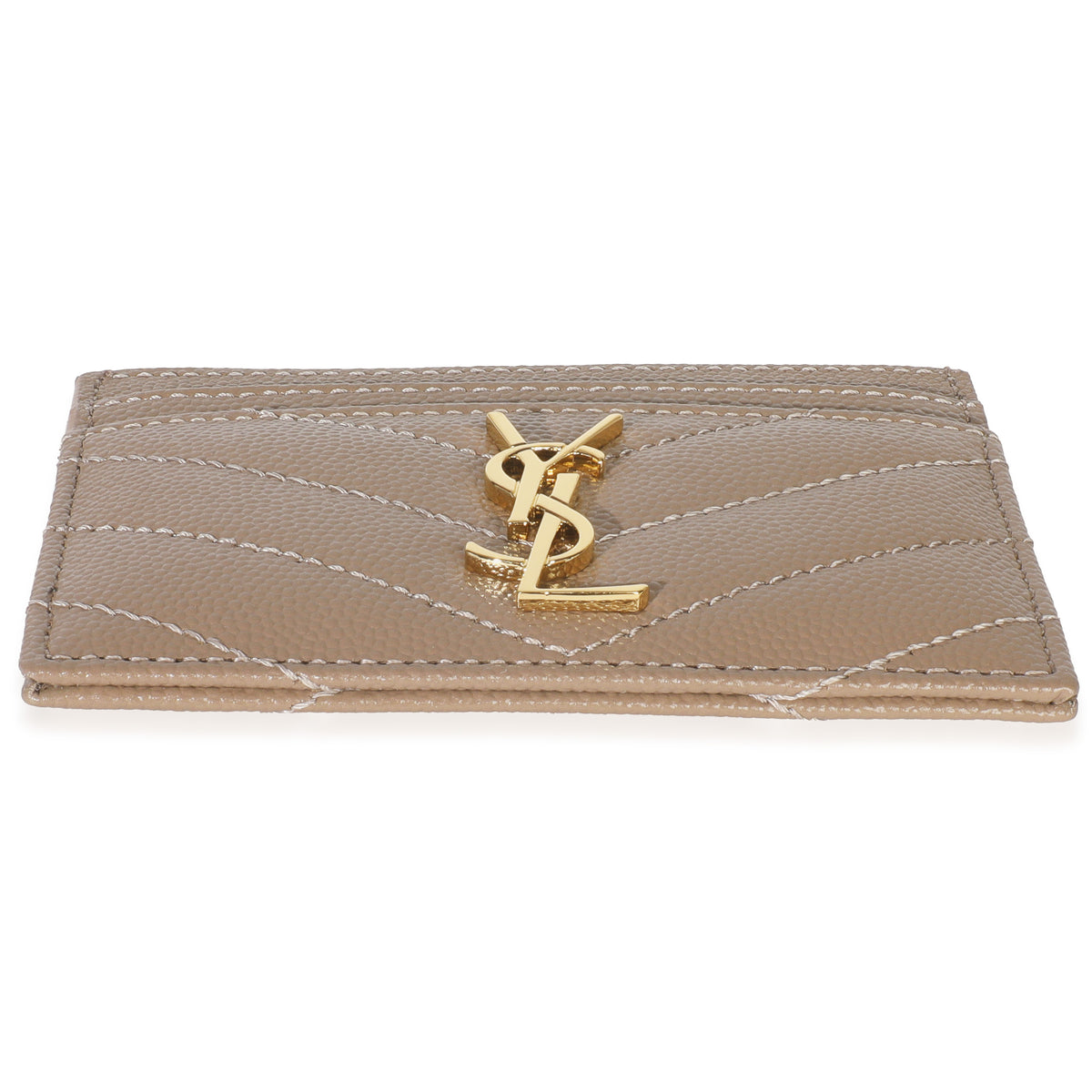 Saint Laurent Dark Beige Grain De Poudre Matelasse Cassandre Card Case Wallet stamp