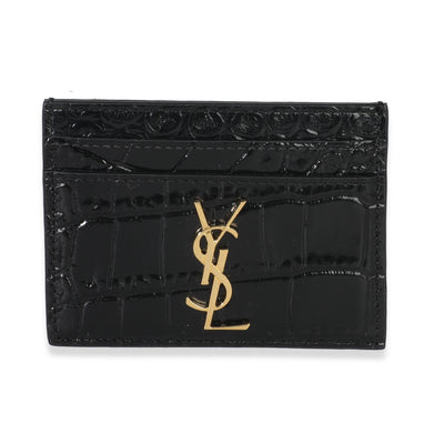 Black Croc Embossed Calfskin Logo Card Holder
