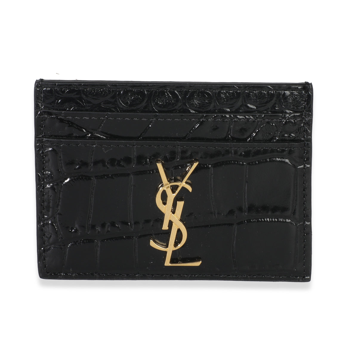 Black Croc Embossed Calfskin Logo Card Holder