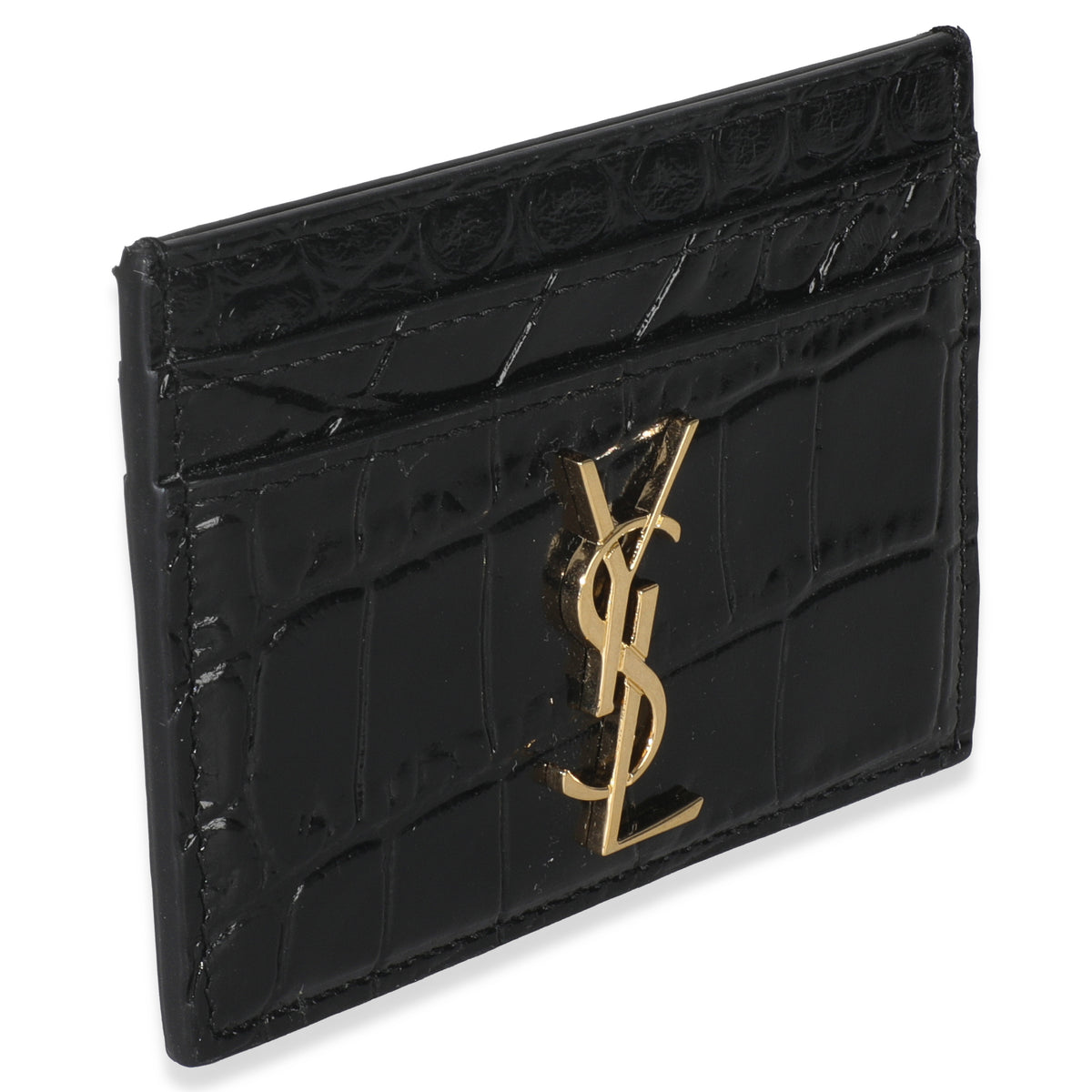 Black Croc Embossed Calfskin Logo Card Holder