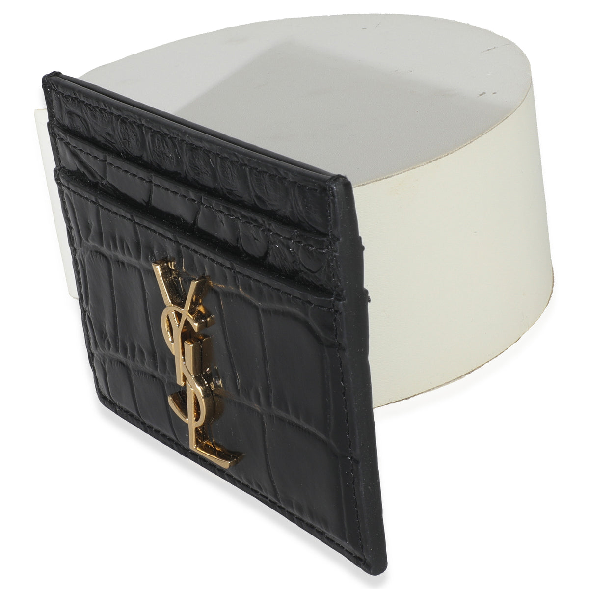 Black Croc Embossed Calfskin Logo Card Holder