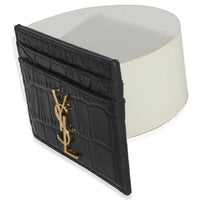 Black Croc Embossed Calfskin Logo Card Holder