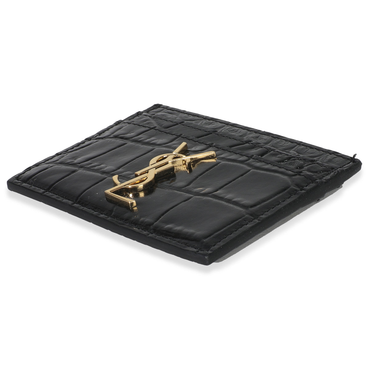 Black Croc Embossed Calfskin Logo Card Holder