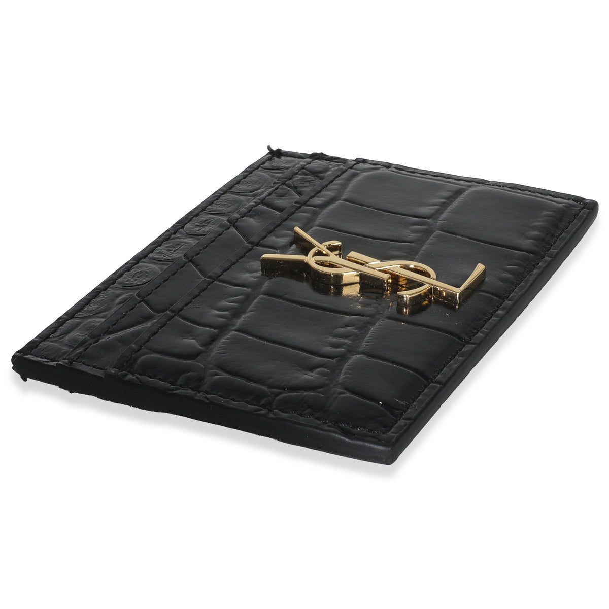 Black Croc Embossed Calfskin Logo Card Holder