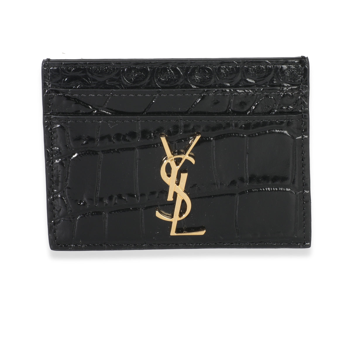 Black Croc Embossed Calfskin Logo Card Holder