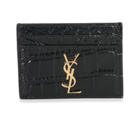 Black Croc Embossed Calfskin Logo Card Holder