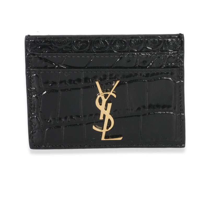 Black Croc Embossed Calfskin Logo Card Holder