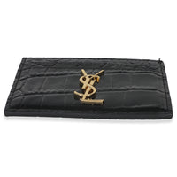 Black Croc Embossed Calfskin Logo Card Holder