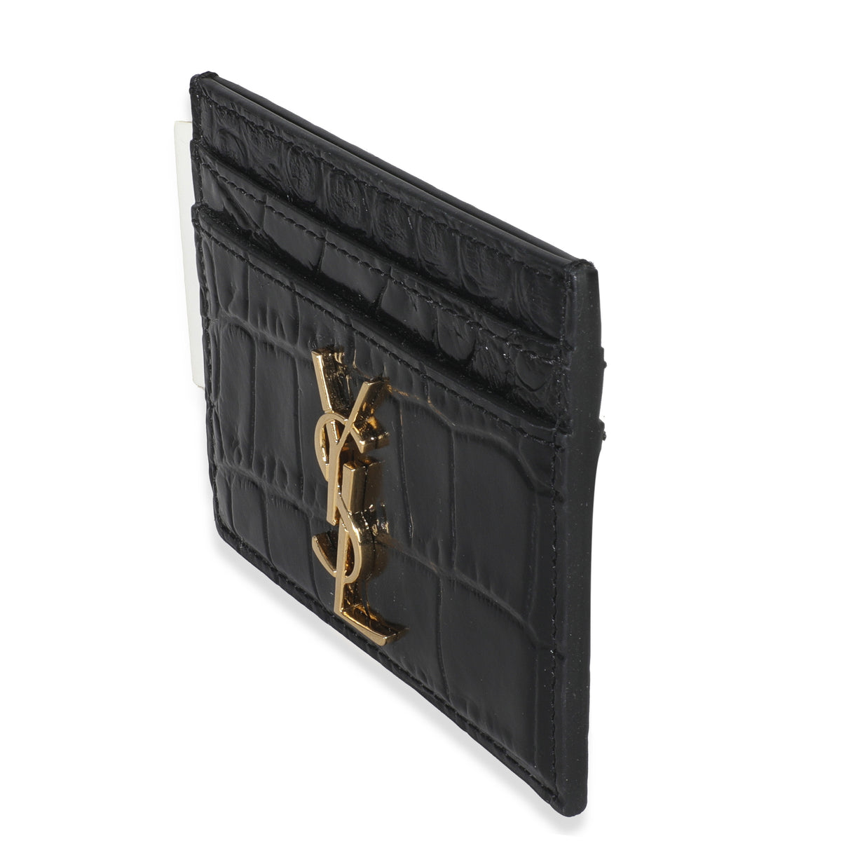 Black Croc Embossed Calfskin Logo Card Holder