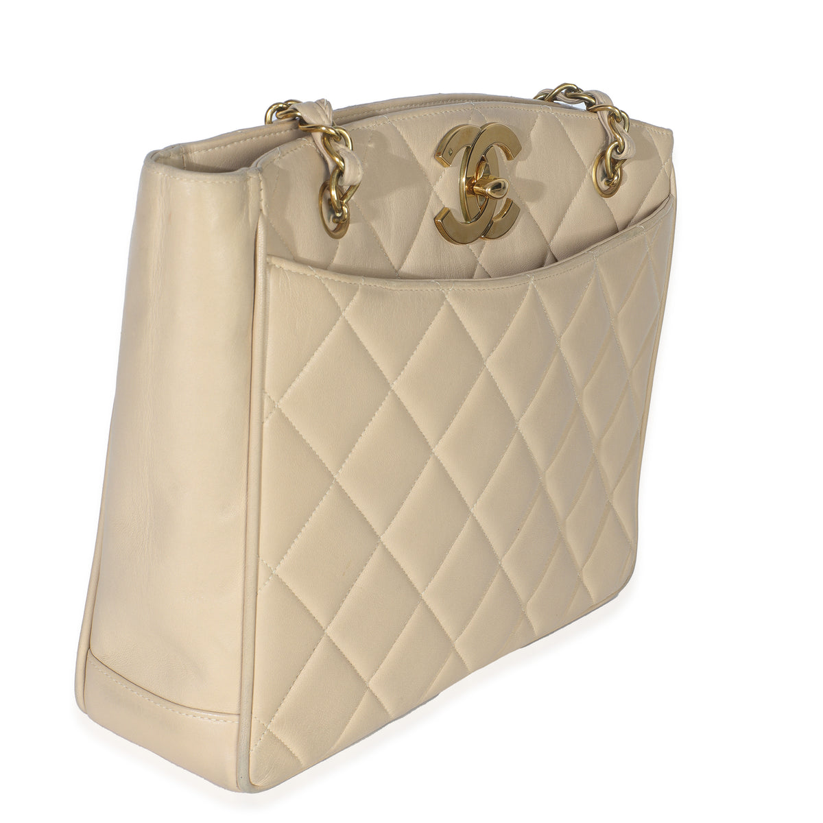 Chanel Vintage Beige Quilted Lambskin CC Shoulder Tote Handbag pv