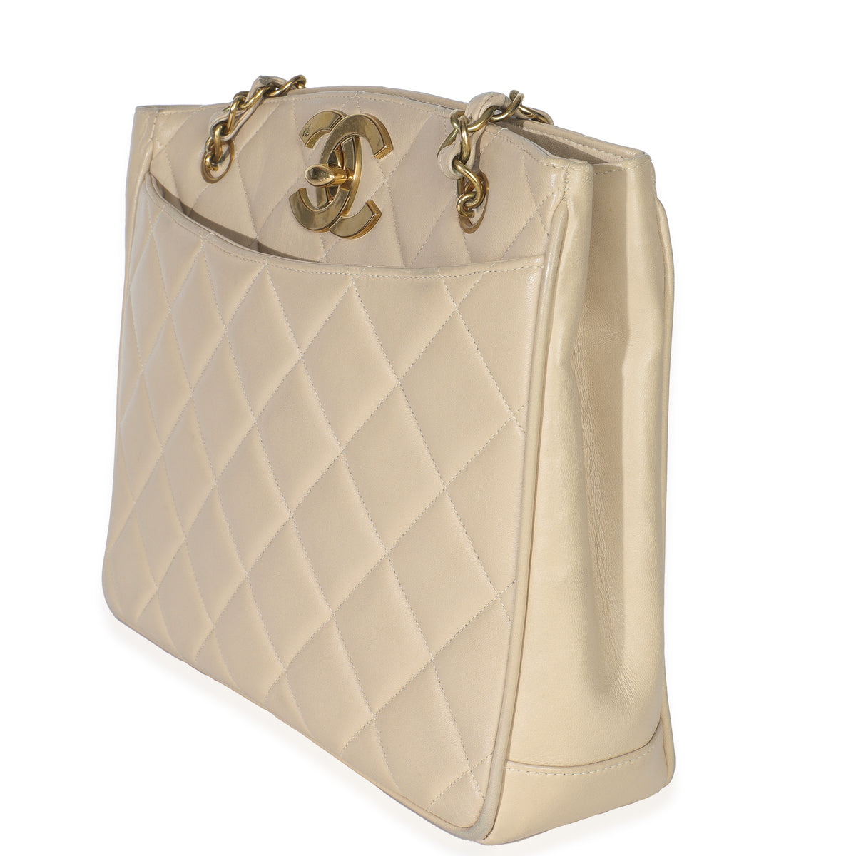 Chanel Vintage Beige Quilted Lambskin CC Shoulder Tote Handbag sv